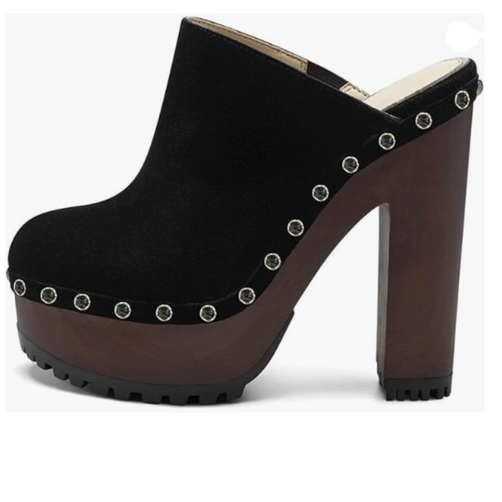 XYD Black Rivet Cork Platform Super High Heels Mules for Women Studded Sandals